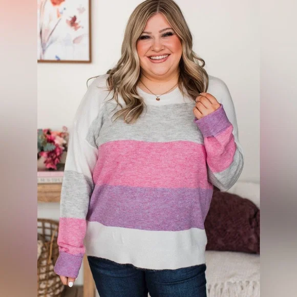 Colorblock Women’s Crew Neck Striped Pink, Purple, Gray Spring Sweater, Size M - Picture 3 of 12